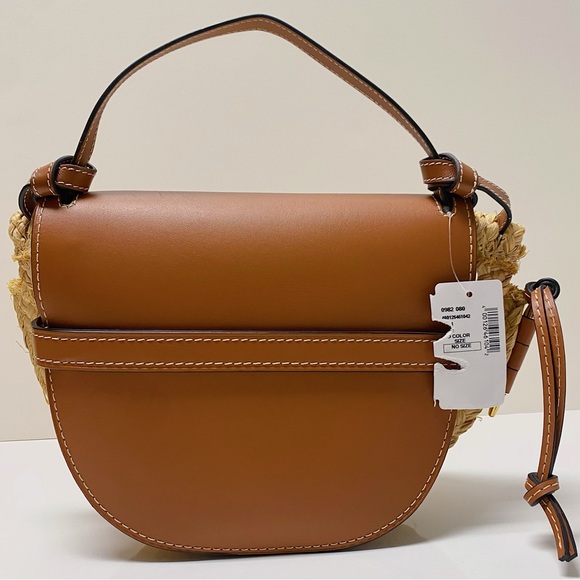Loewe Gate Cognac Tan Leather Brown Woven Raffia Top Handle Bag Spain - Picture 3 of 9